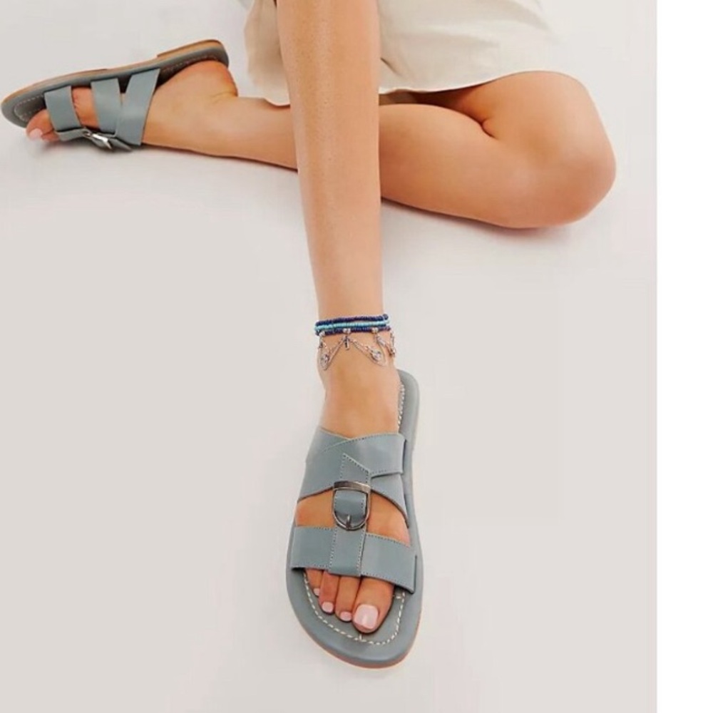 FREE PEOPLE Sloan Blue Buckle Leather Slides Sandals in Stormy Sea NIB - Picture 2 of 7